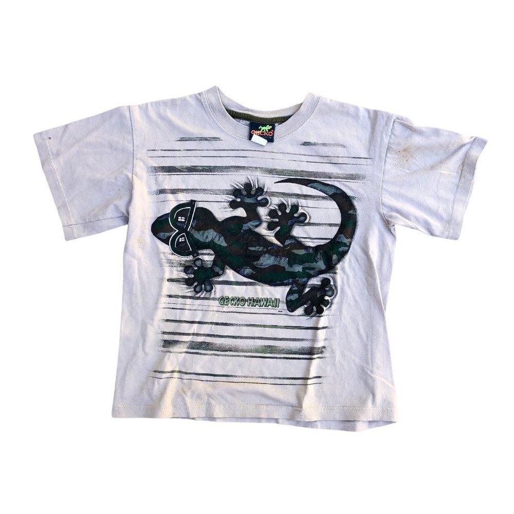 GECKO HAWAII Vintage 90s T Shirt Big Kid's Boy's MEDIUM Tan Graphic Short Sleeve